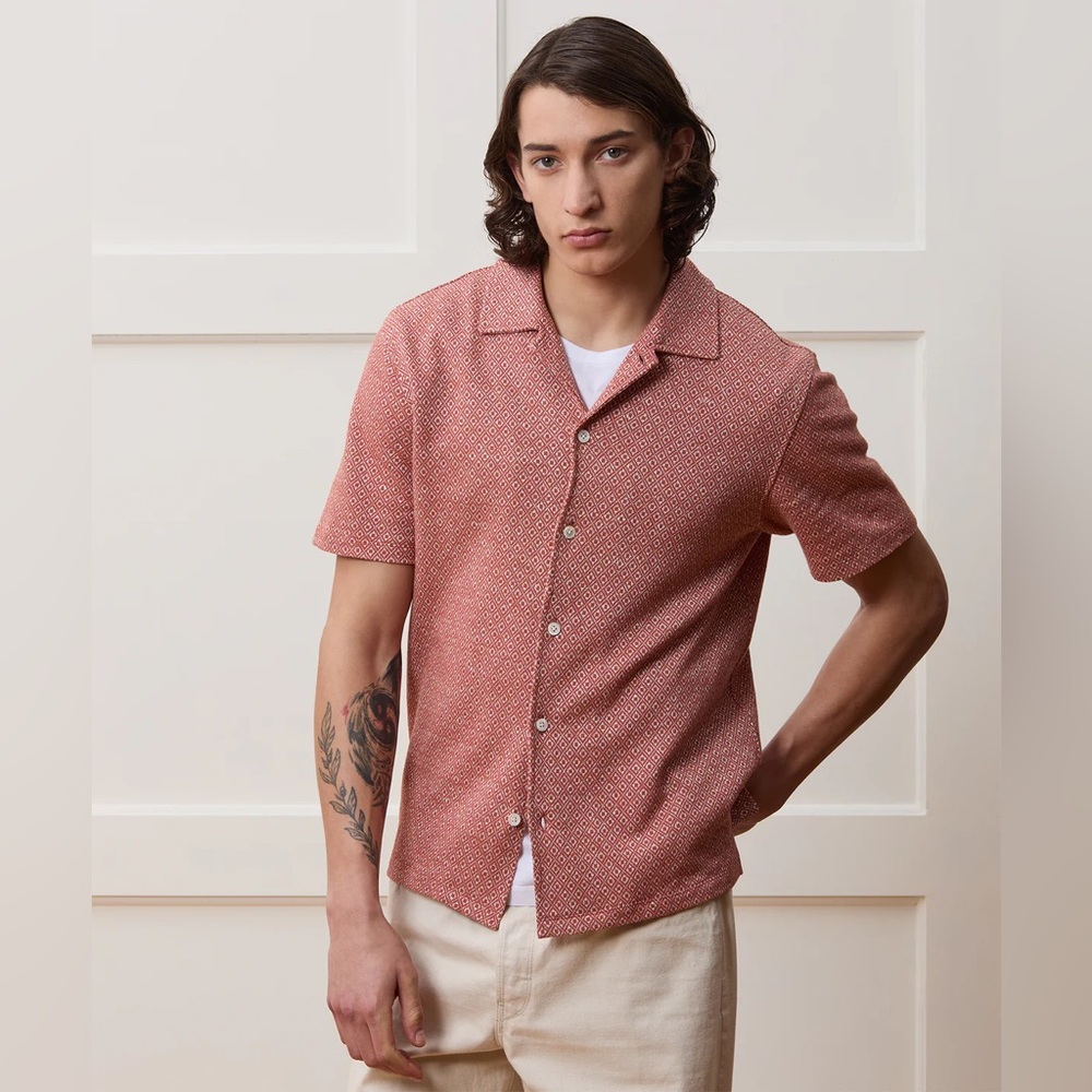 Todd Snyder Jacquard Diamond Linen Cotton Full Button Polo Rustic Orange XL